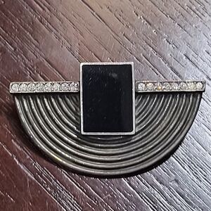 Stanning Vintage Art Deco Style. Sterling Silver 925 Black Onyx And Crystal Pin